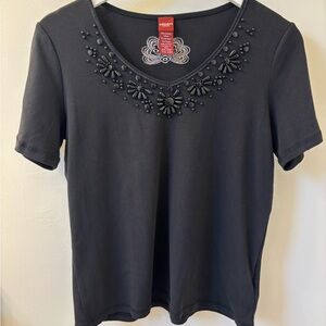 OLSEN Europe Black T-Shirt with Embellishment, Sz 10.  EUC.